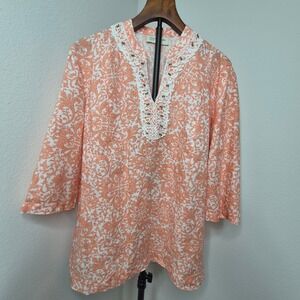 Jones New York Sport Orange 100% Linen Lace Crochet Bohemian Boho Tunic XL